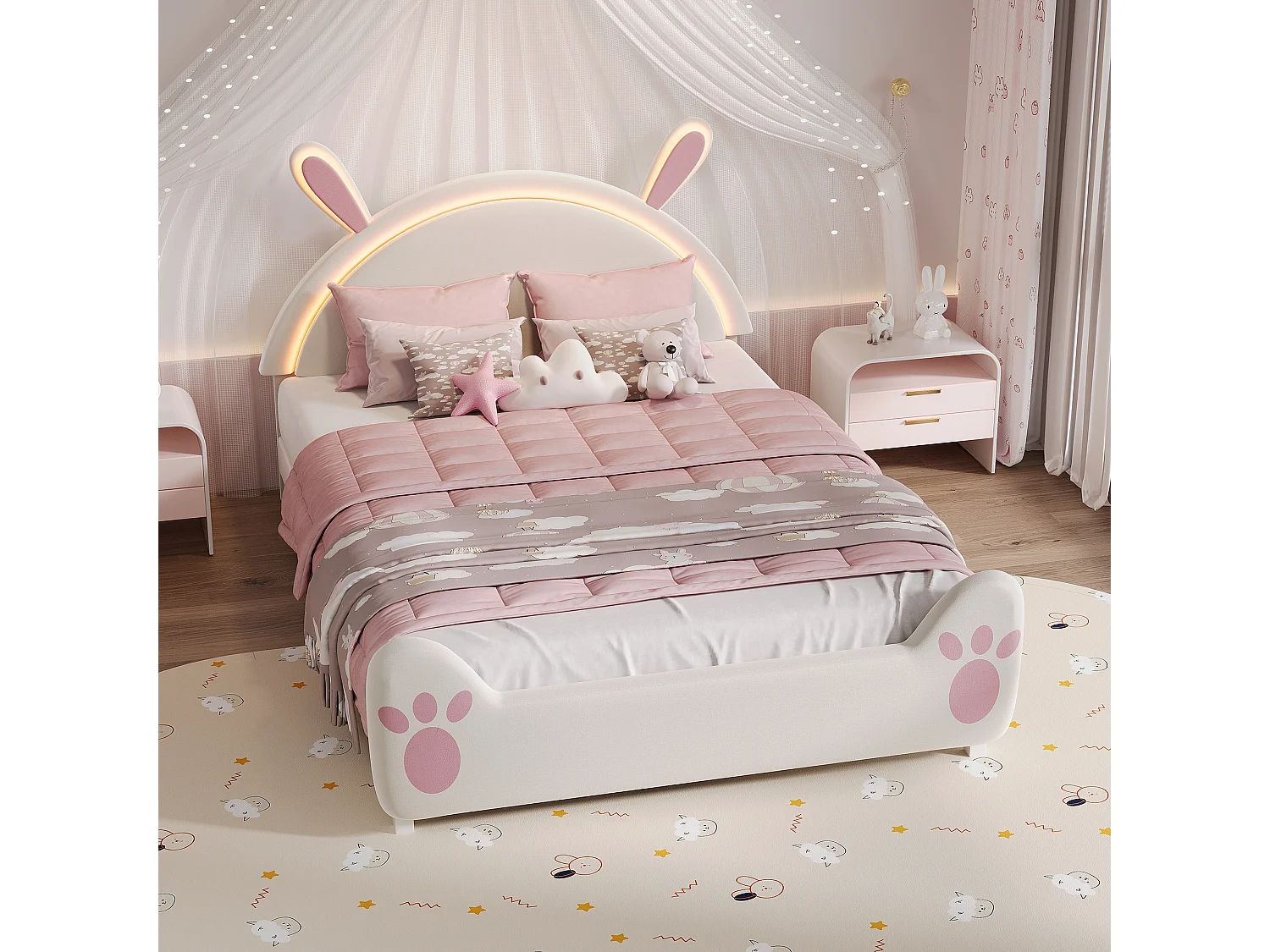 Lit enfant 140x200 cm avec LED et sommier à lattes, tête en forme de lapin, lit fille 140x200 cm, DIY velcro, velours, biege et roes
