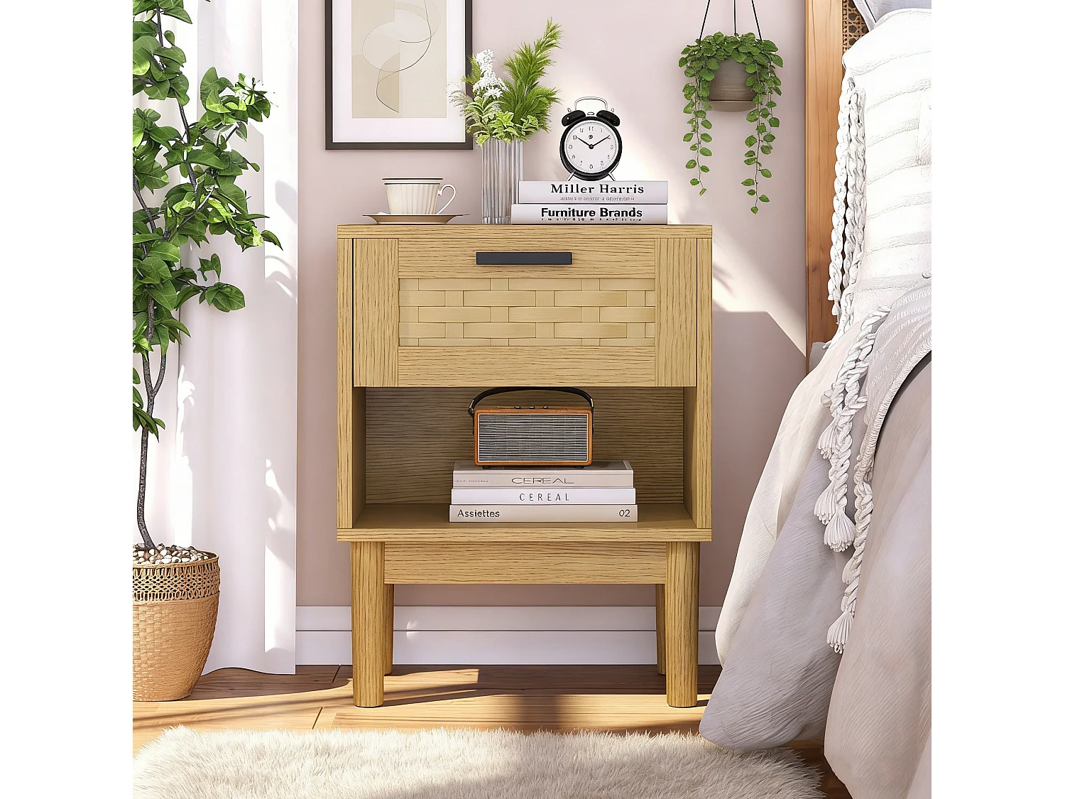 Commode en osier à tiroirs, 55 x 30 x 40 cm, avec poignées et pieds, MDF, marron