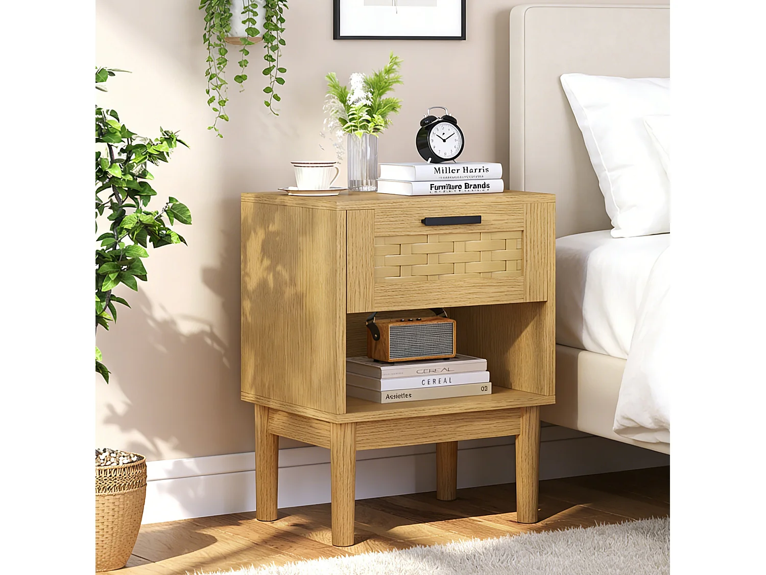 Commode en osier à tiroirs, 55 x 30 x 40 cm, avec poignées et pieds, MDF, marron