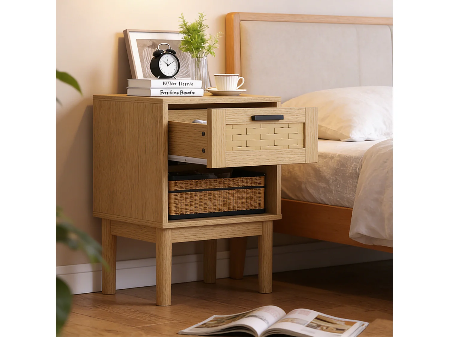 Commode en osier à tiroirs, 55 x 30 x 40 cm, avec poignées et pieds, MDF, marron