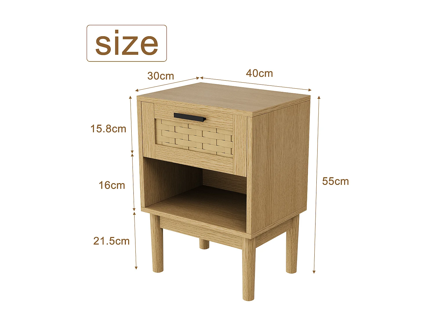 Commode en osier à tiroirs, 55 x 30 x 40 cm, avec poignées et pieds, MDF, marron