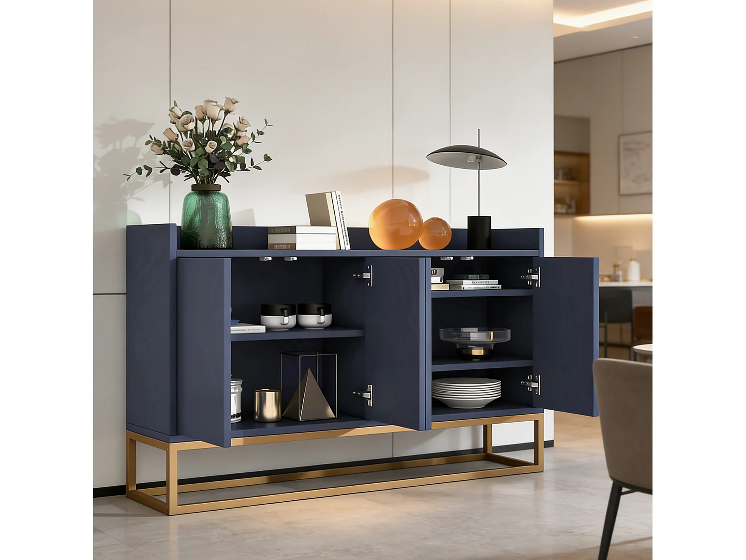 Modern dressoir met 4 deuren en verstelbare plank - Minimalistisch dressoir van MDF 120x30x80 cm - voor eetkamer, woonkamer, keuken - Blauw