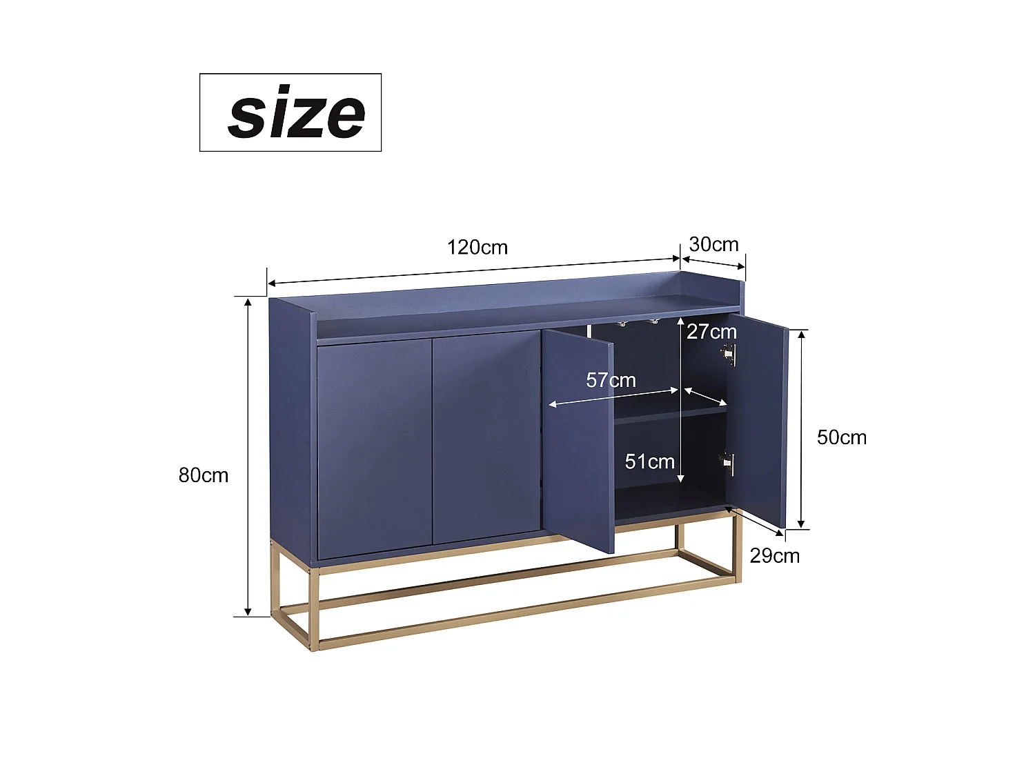 Modern dressoir met 4 deuren en verstelbare plank - Minimalistisch dressoir van MDF 120x30x80 cm - voor eetkamer, woonkamer, keuken - Blauw