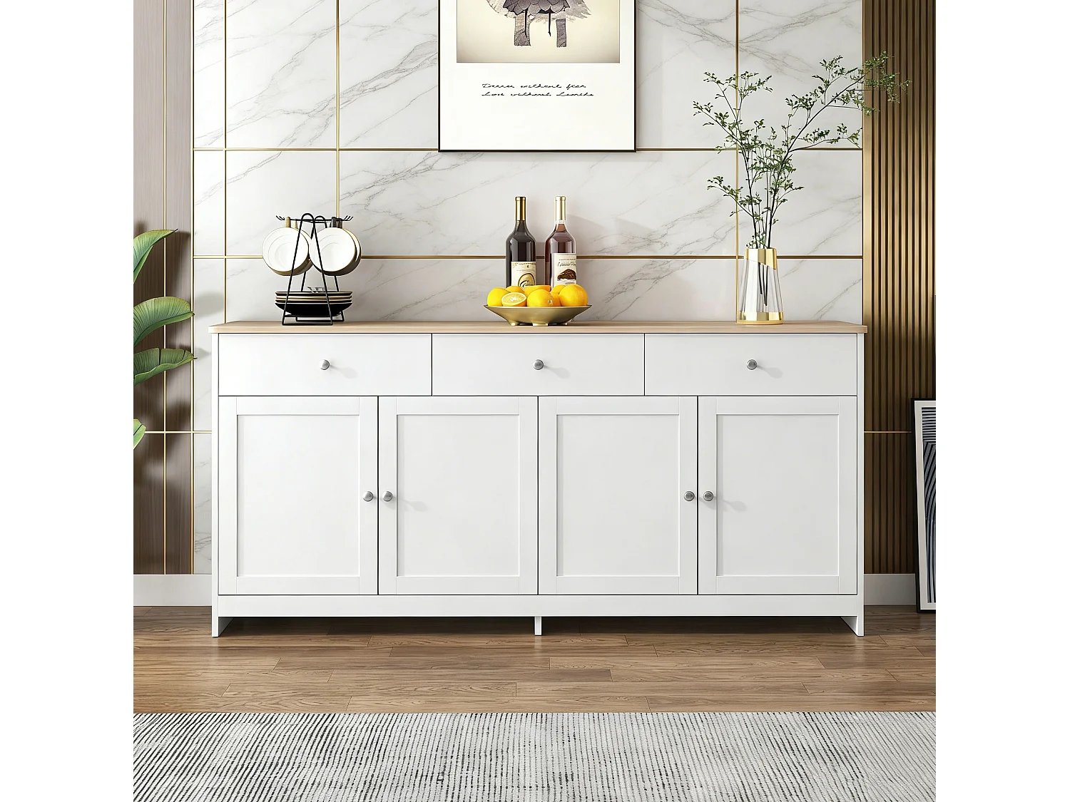Buffet 4 portes et 3 tiroirs en MDF - blanc et effet bois - buffet style classique étagère réglable - 160 x 37 x 75 cm