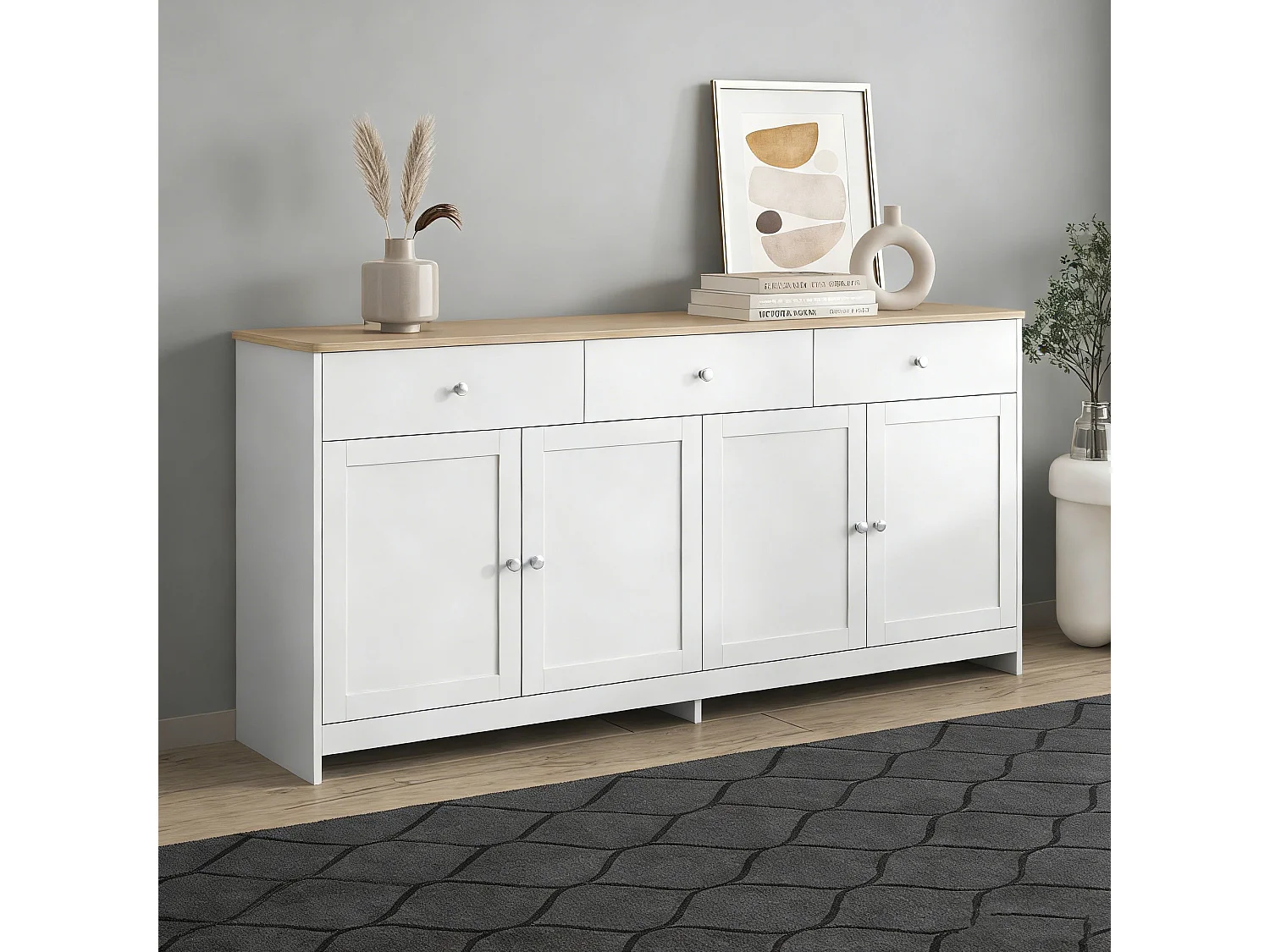 Buffet 4 portes et 3 tiroirs en MDF - blanc et effet bois - buffet style classique étagère réglable - 160 x 37 x 75 cm