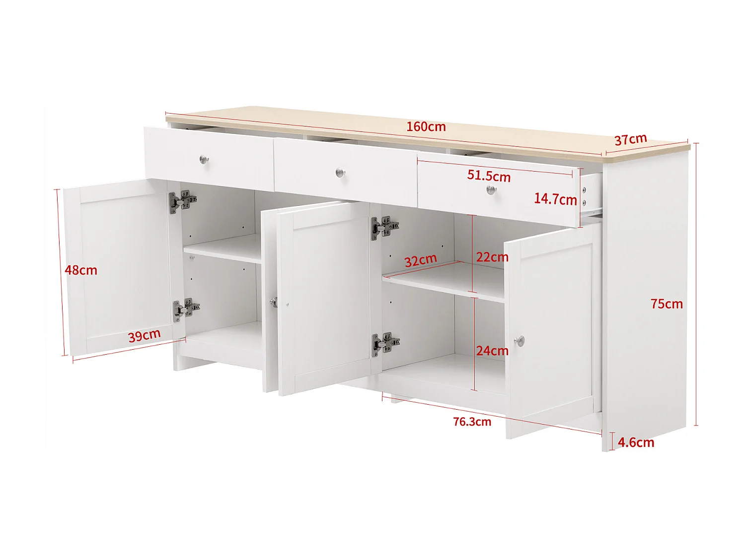 Buffet 4 portes et 3 tiroirs en MDF - blanc et effet bois - buffet style classique étagère réglable - 160 x 37 x 75 cm