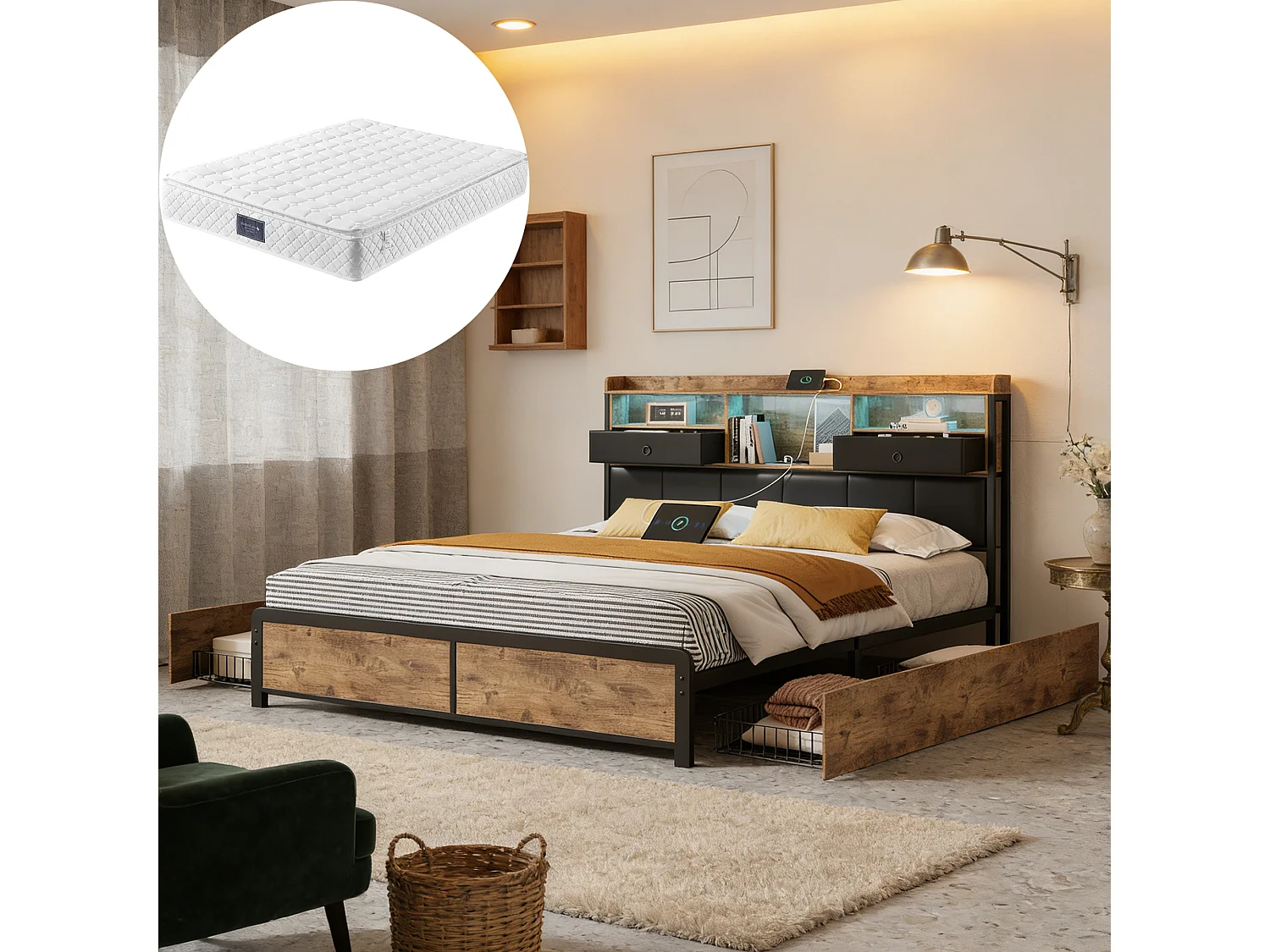 Lit en fer 140 x 200 cm avec sommier à lattes - LED et USB - lit tiroir 140x200 cm grand rangement - capitonné en PU tête de lit - Noir + Matelas