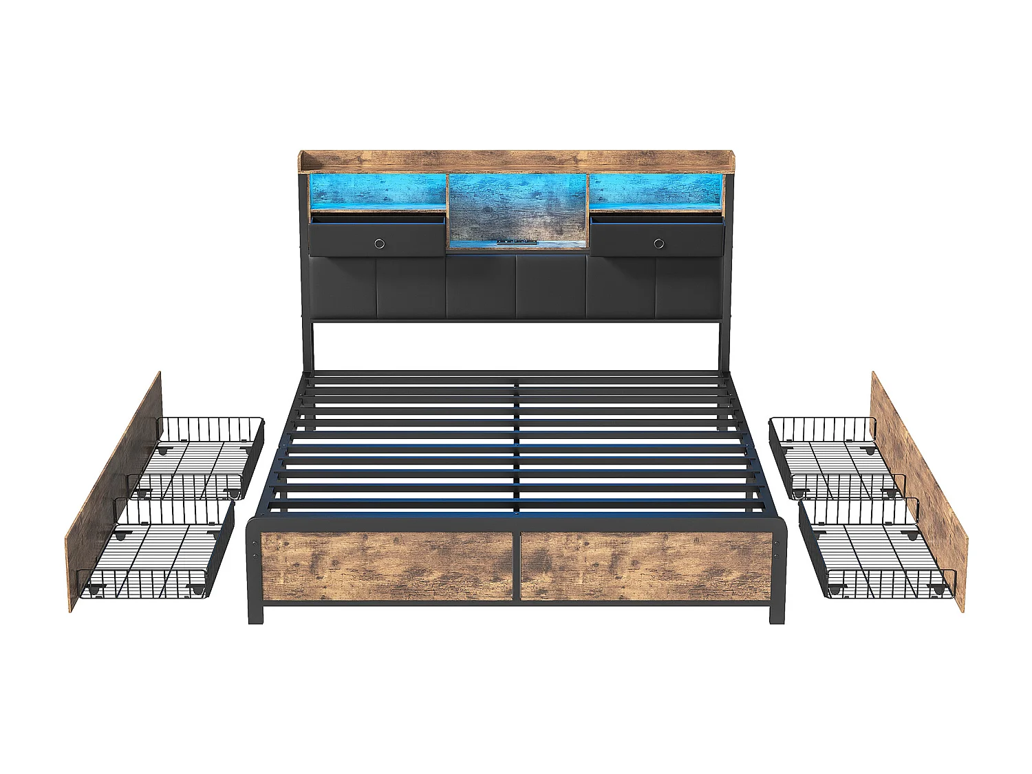 Lit en fer 140 x 200 cm avec sommier à lattes - LED et USB - lit tiroir 140x200 cm grand rangement - capitonné en PU tête de lit - Noir + Matelas