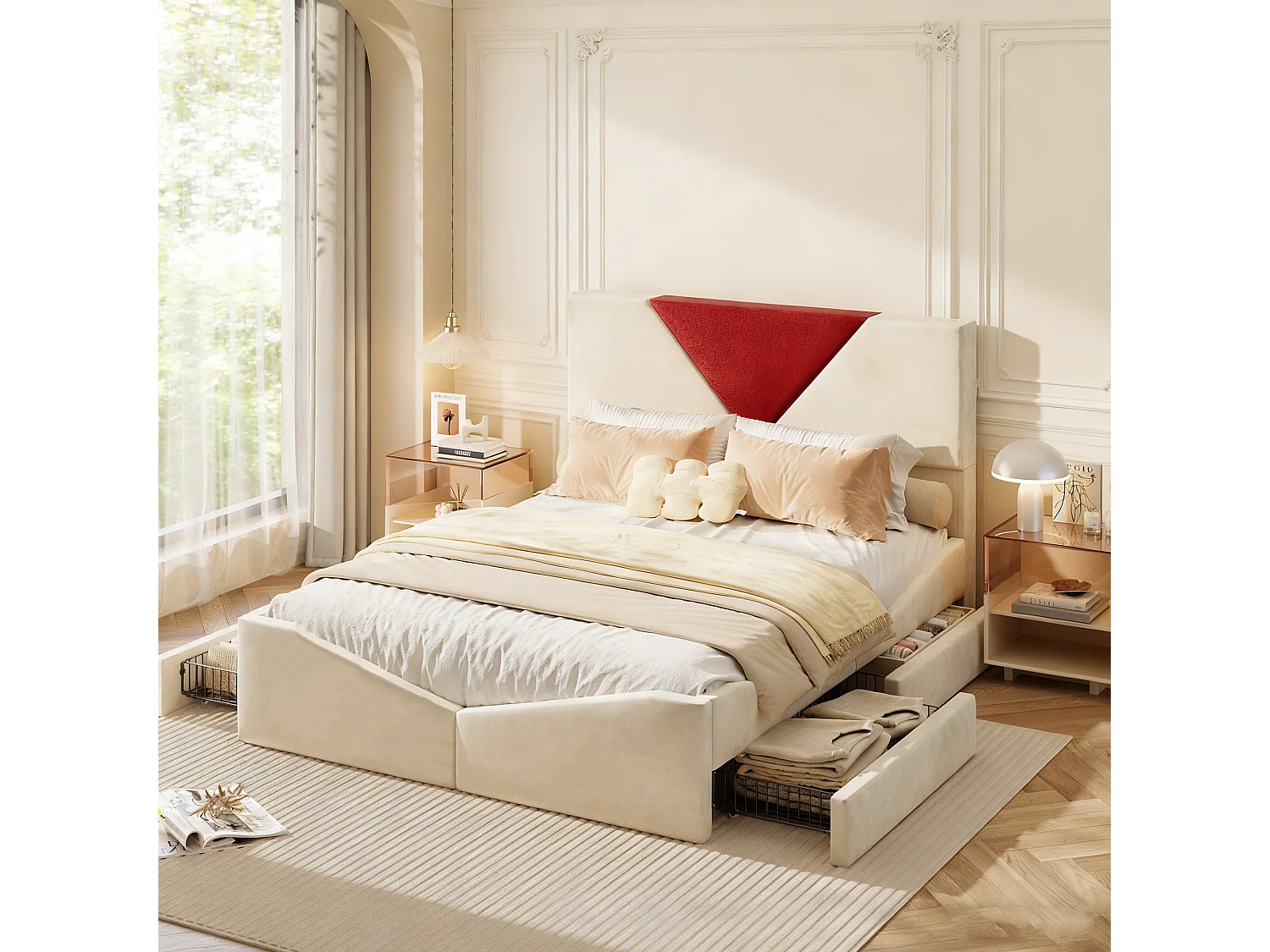 Lit adulte 140x200 cm avec sommier à latte, cadre de lit 140x200 cm avec tiroirs, tissu en velours, beige et rouge