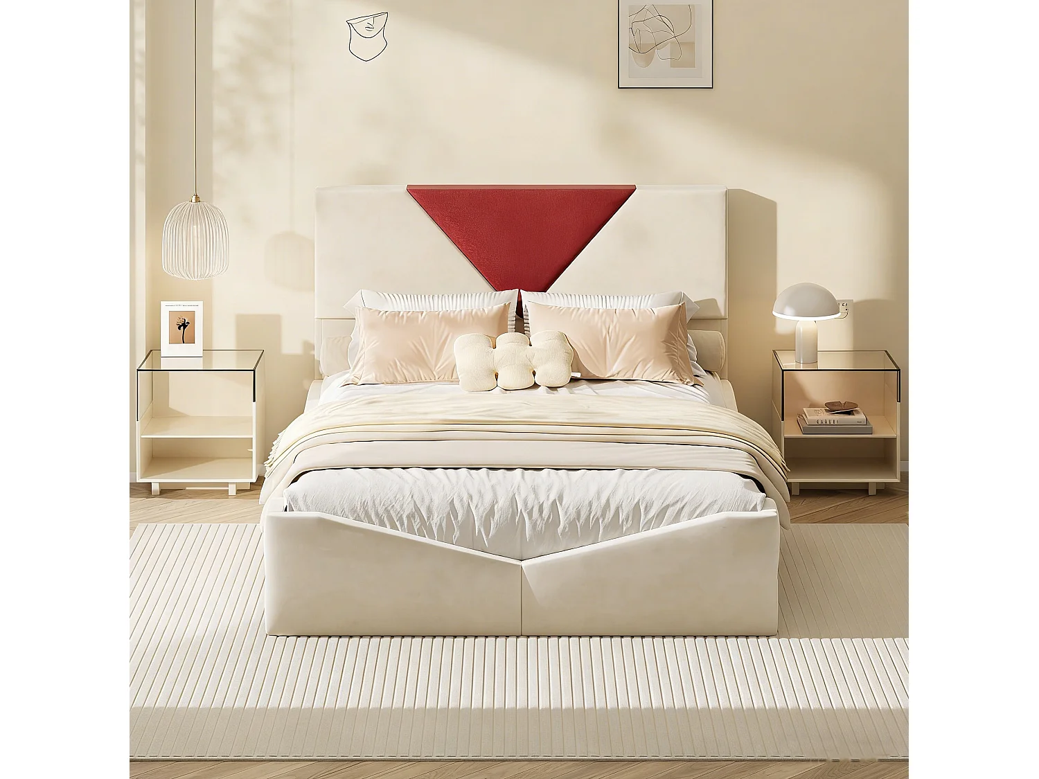 Lit adulte 140x200 cm avec sommier à latte, cadre de lit 140x200 cm avec tiroirs, tissu en velours, beige et rouge