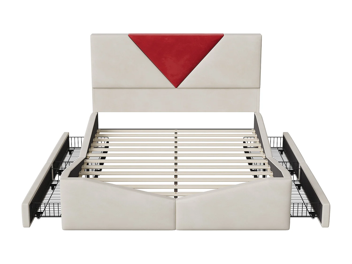 Lit adulte 140x200 cm avec sommier à latte, cadre de lit 140x200 cm avec tiroirs, tissu en velours, beige et rouge