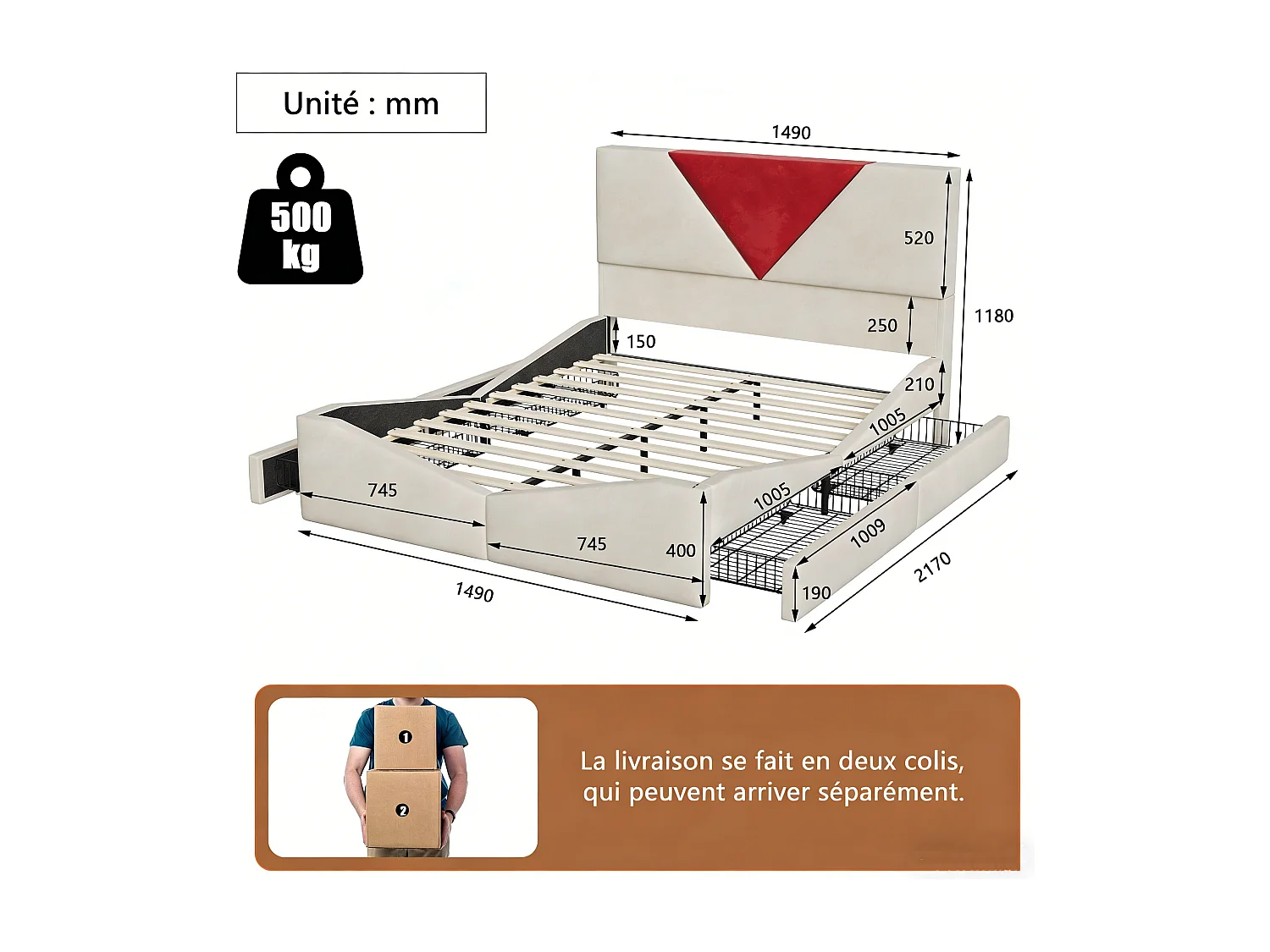 Lit adulte 140x200 cm avec sommier à latte, cadre de lit 140x200 cm avec tiroirs, tissu en velours, beige et rouge