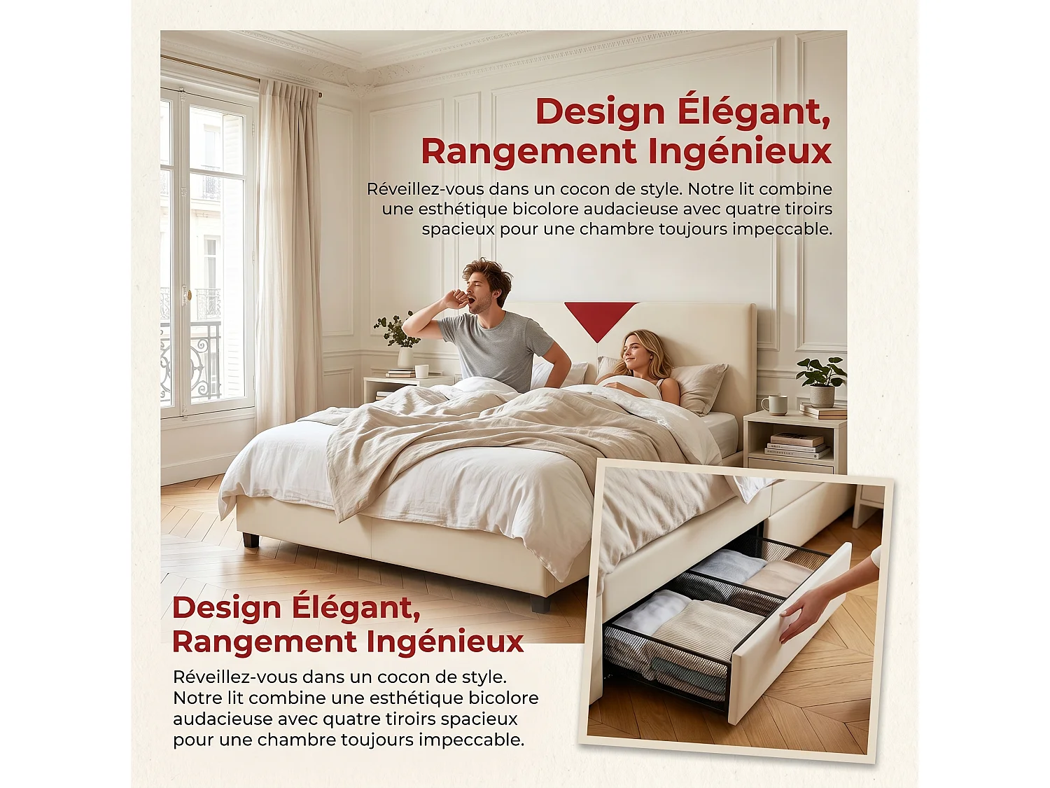Volwassenenbed 140x200 cm met lattenbodem, bedframe 140x200 cm met lades, fluwelen stof, beige en rood