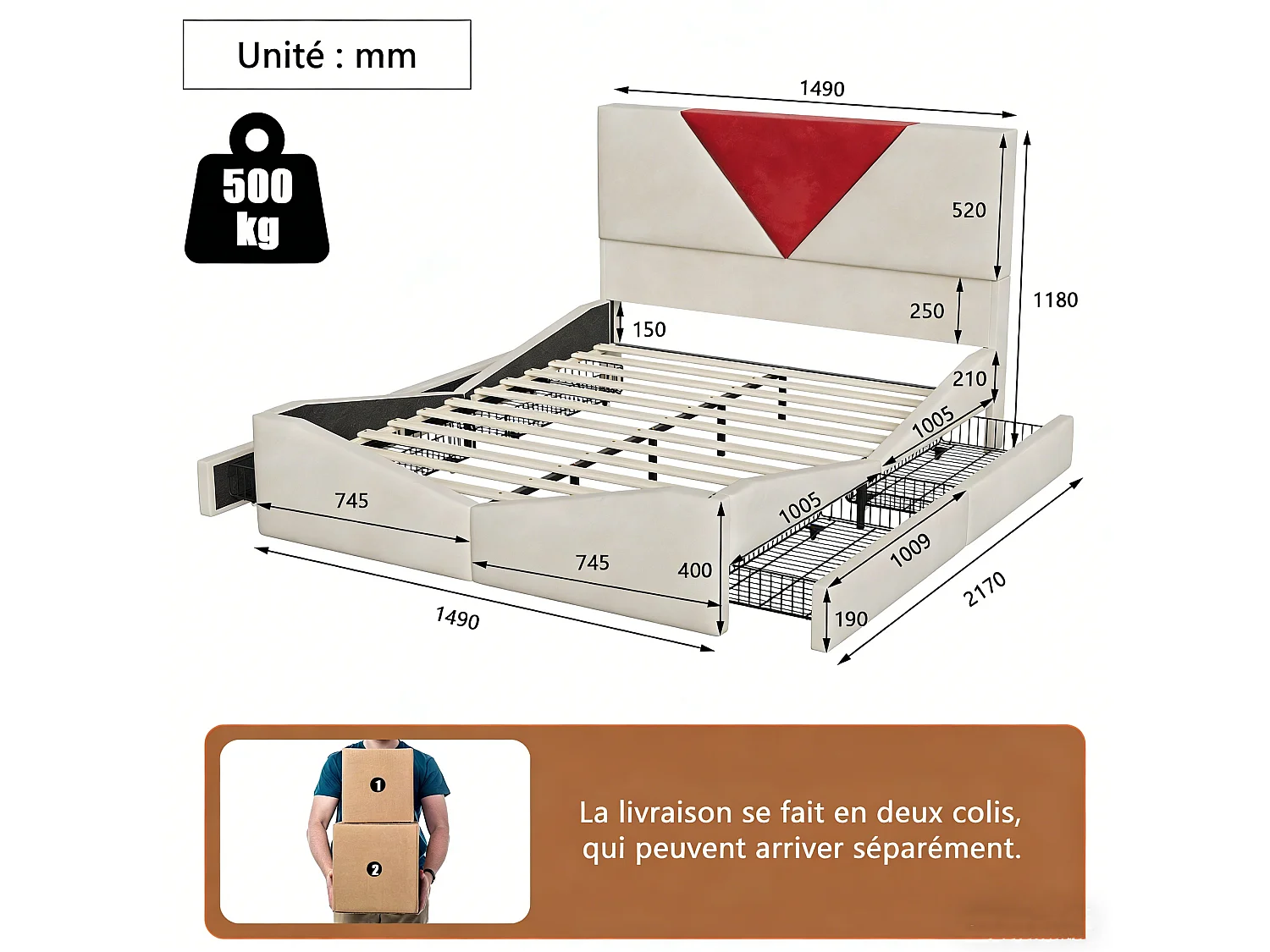 Volwassenenbed 140x200 cm met lattenbodem, bedframe 140x200 cm met lades, fluwelen stof, beige en rood