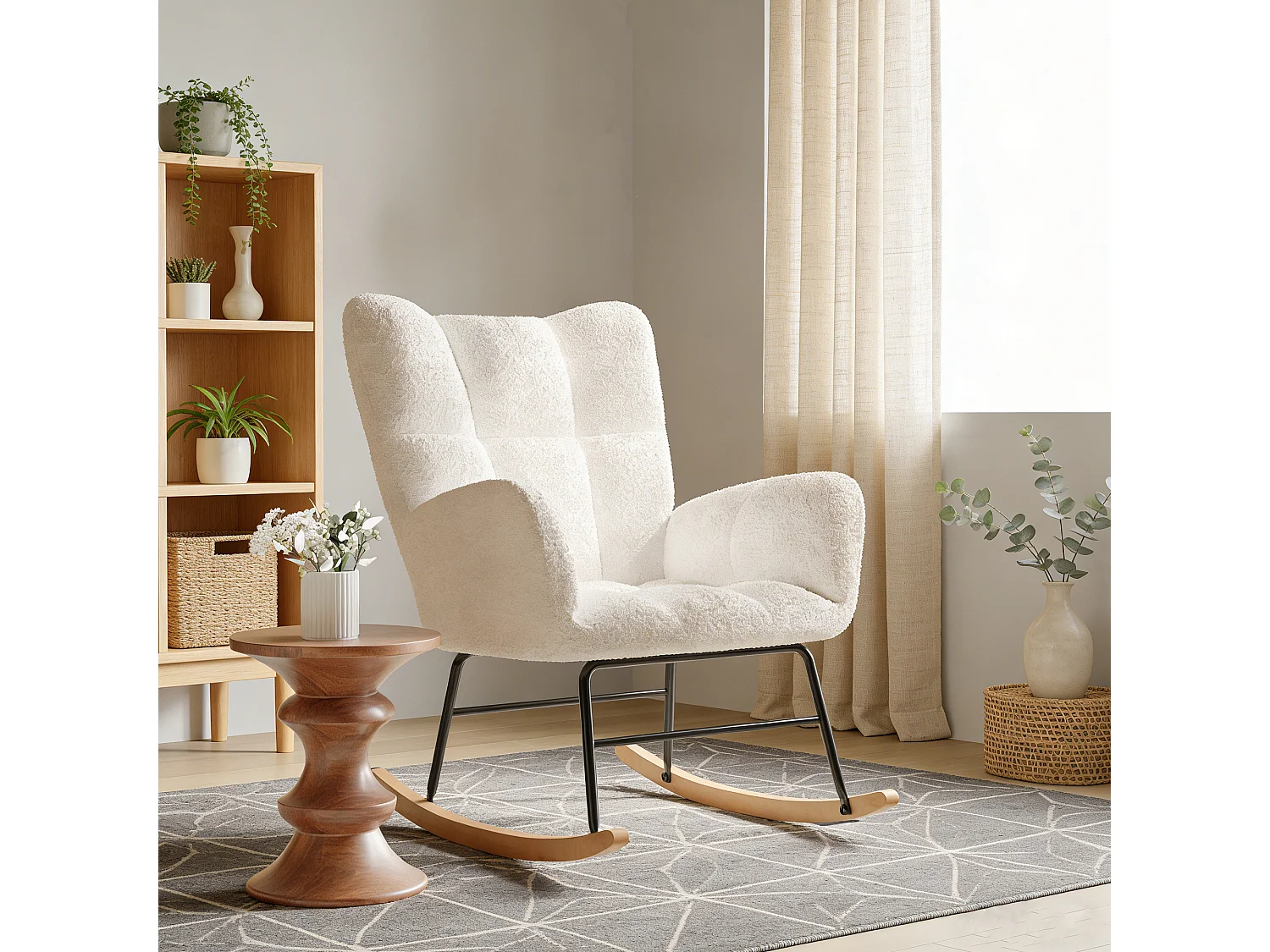 Fauteuil à bascule en velours Teddy - rocking chair pieds en bois - style scandinave et cream - beige