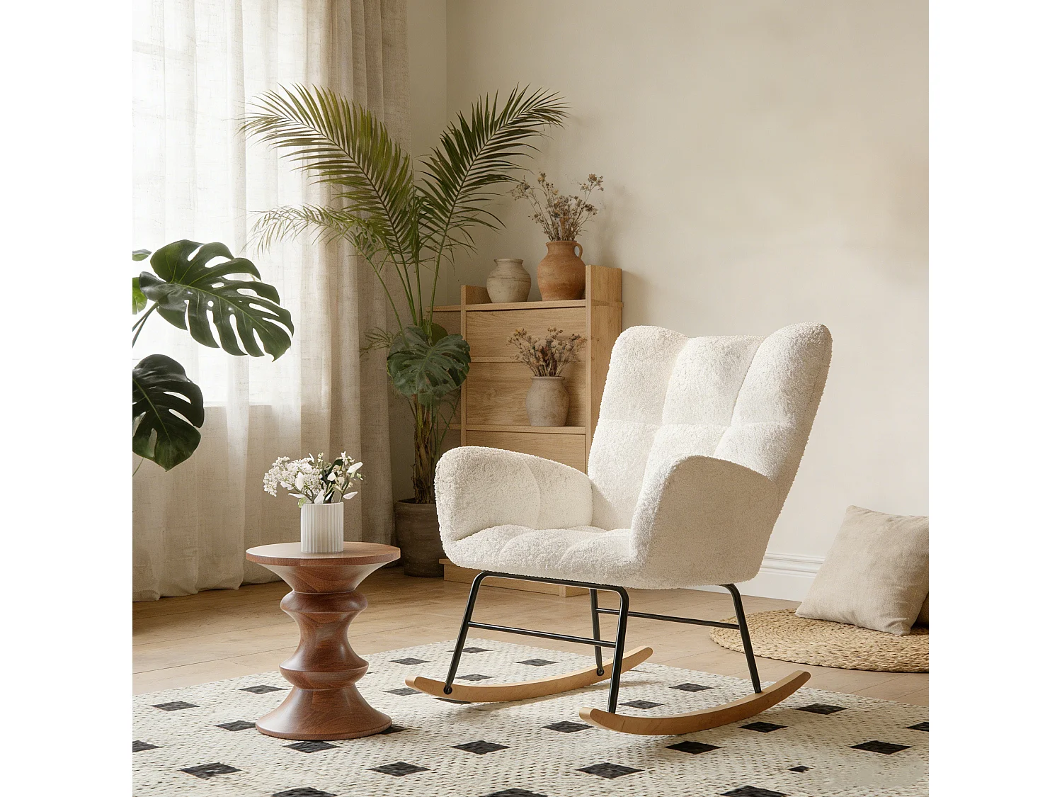 Fauteuil à bascule en velours Teddy - rocking chair pieds en bois - style scandinave et cream - beige