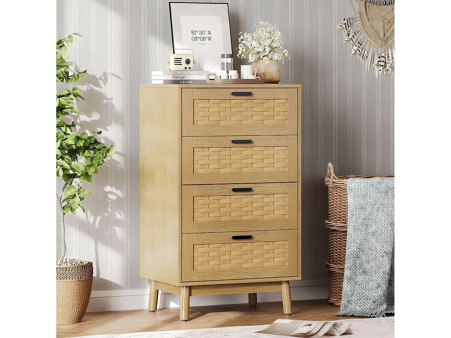 Commode à 4 tiroirs, conception en osier, 55 x 39 x 95 cm, avec poignées et pieds, marron