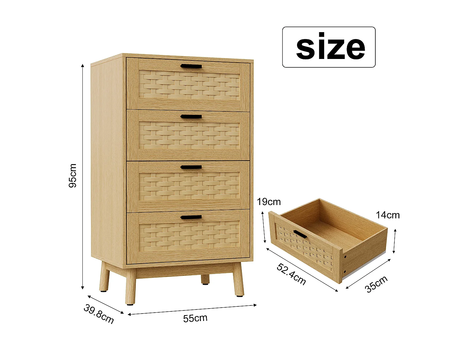 Commode à 4 tiroirs, conception en osier, 55 x 39 x 95 cm, avec poignées et pieds, marron