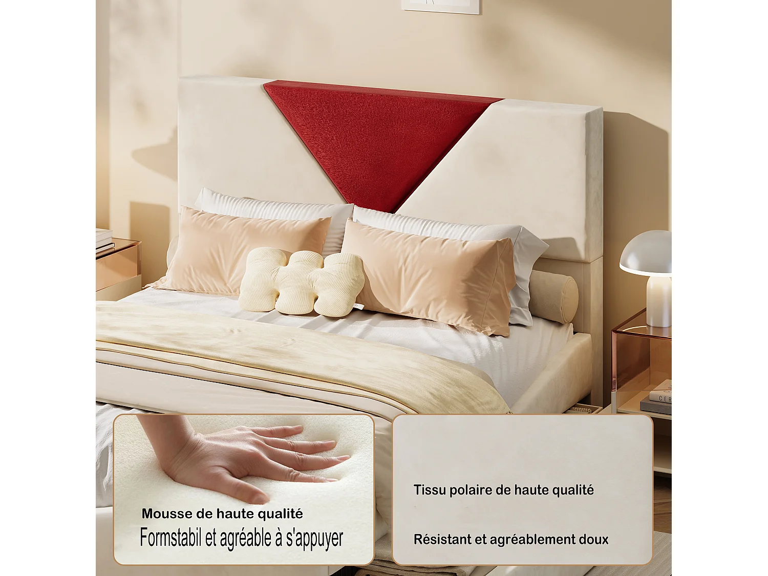 Lit adulte 160x200 cm avec sommier à latte, cadre de lit 160x200 cm avec tiroirs, tissu en velours, beige et rouge