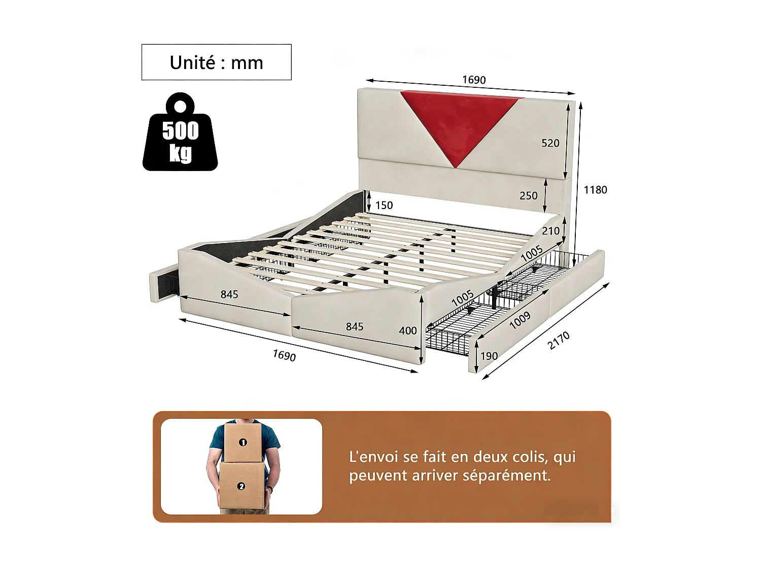 Lit adulte 160x200 cm avec sommier à latte, cadre de lit 160x200 cm avec tiroirs, tissu en velours, beige et rouge