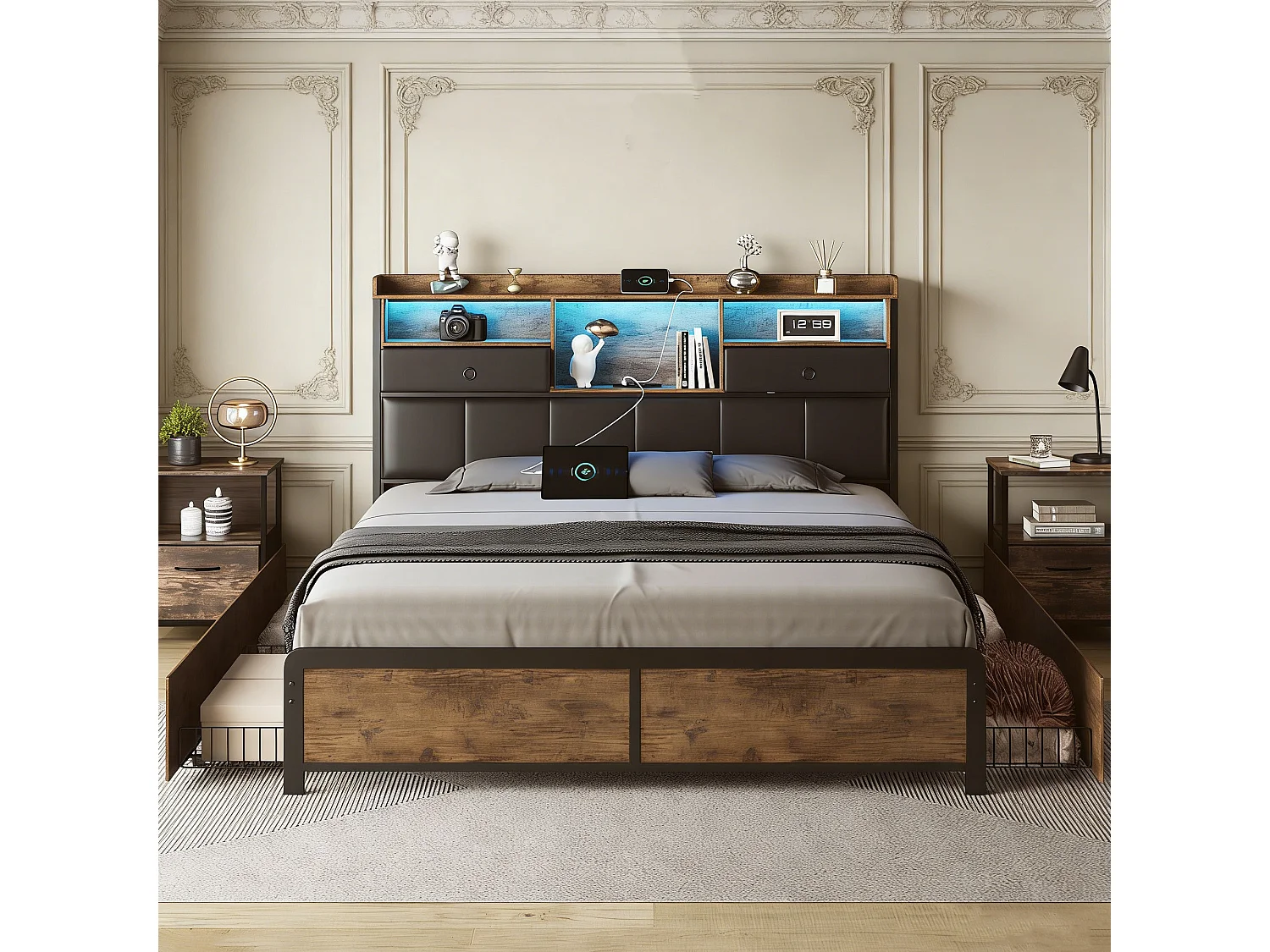 lit en fer 160x200 cm avec sommier à lattes - LED et USB - tiroir en tissu à la tête du lit - capitonné en PU - Noir et brun