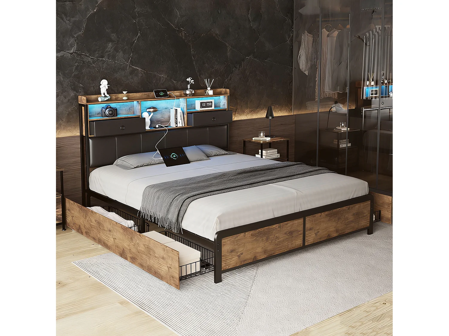 lit en fer 160x200 cm avec sommier à lattes - LED et USB - tiroir en tissu à la tête du lit - capitonné en PU - Noir et brun