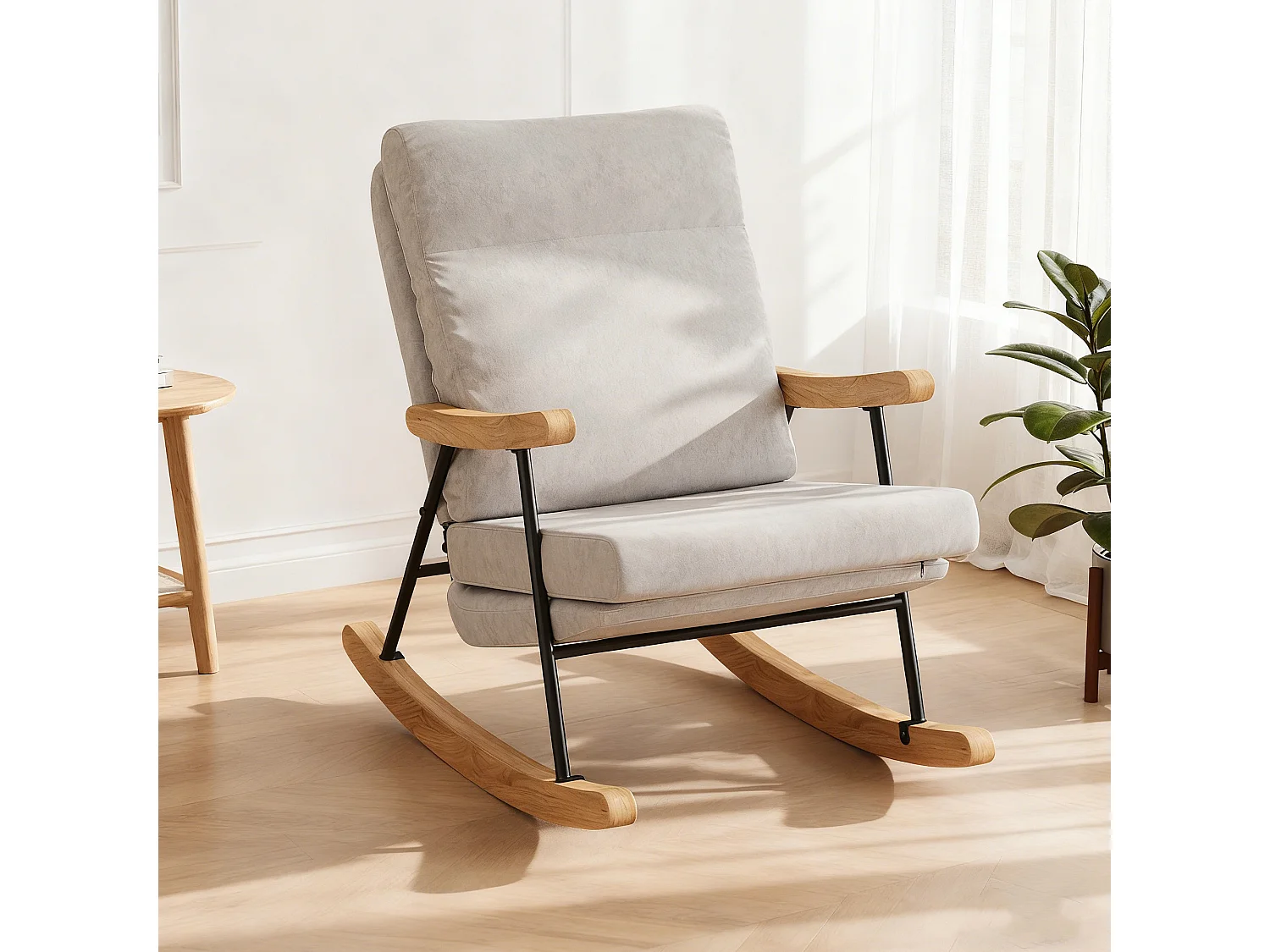 Fauteuil à bascule en coton et lin - Rocking chair capitonné pieds en bois - style scandinave - gris