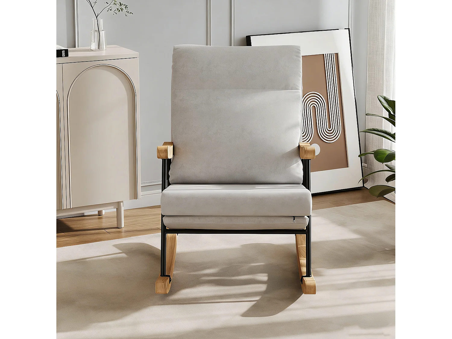 Fauteuil à bascule en coton et lin - Rocking chair capitonné pieds en bois - style scandinave - gris