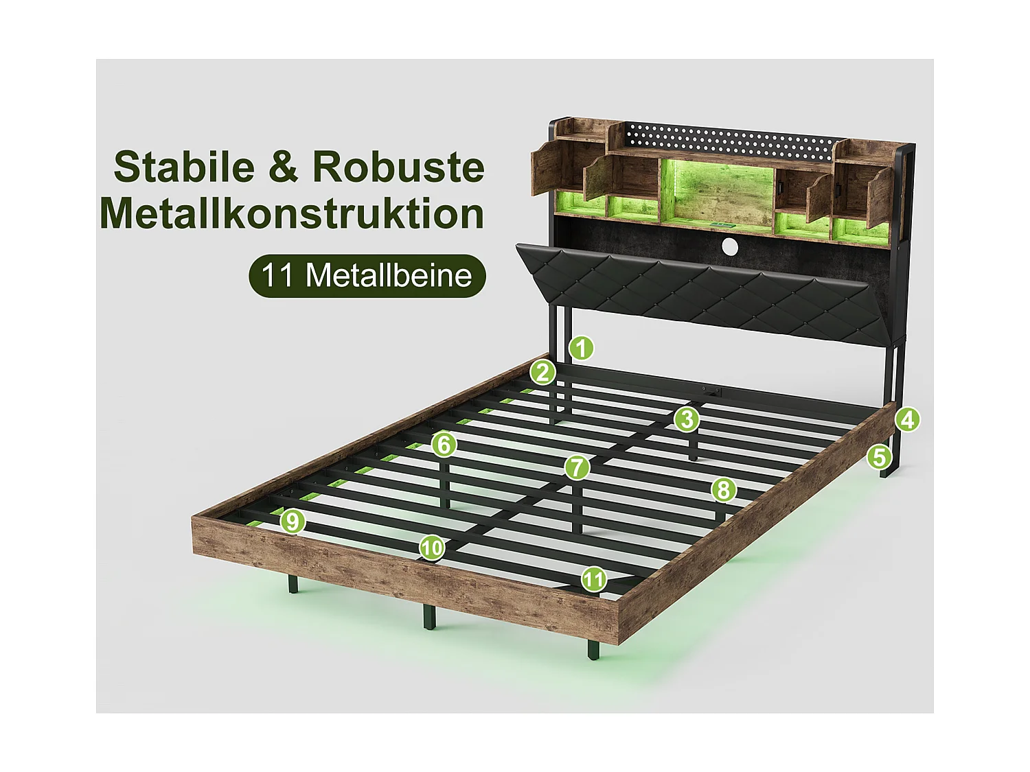 ​Lit 140x200 cm avec sommier à latte, lit de rangement moderne 140x200 cm, Style industriel, tissu en Pu, noir