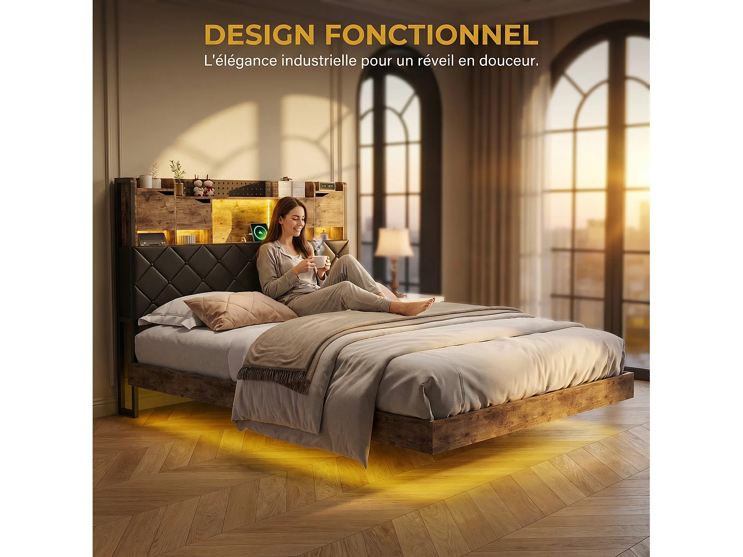 Lit coffre 140x200 cm avec sommier à lattes, cadre rembourré en PU noir, style industriel