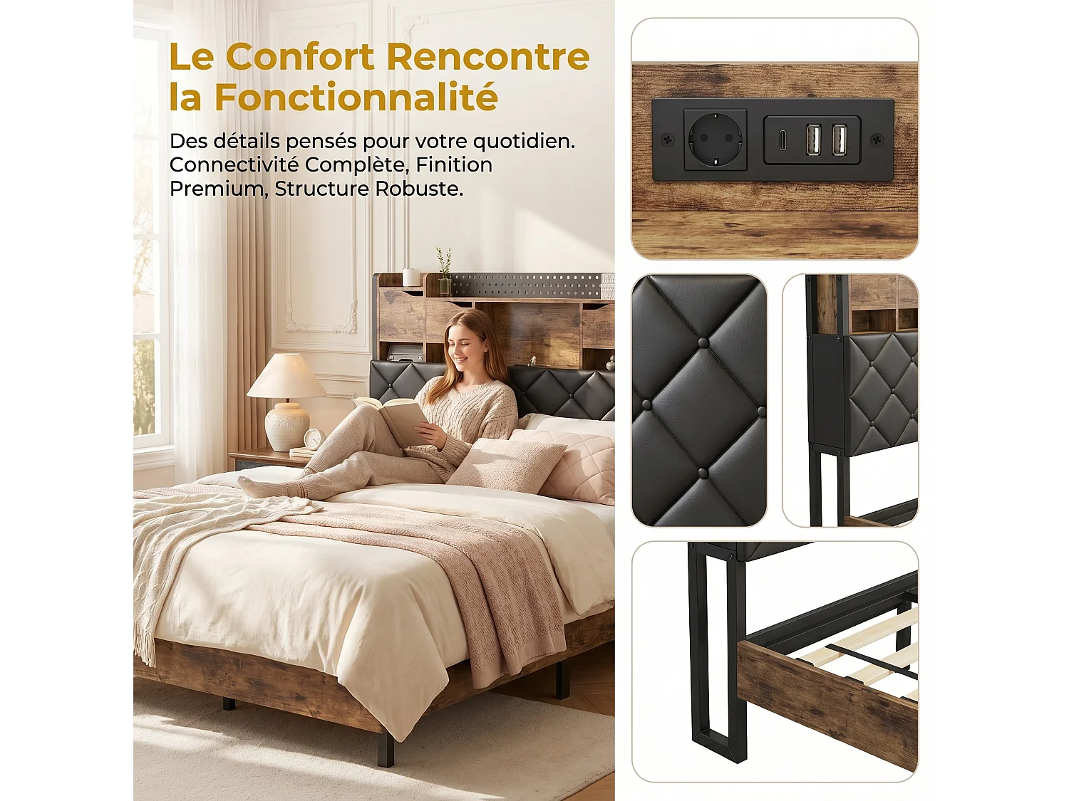 Lit coffre 140x200 cm avec sommier à lattes, cadre rembourré en PU noir, style industriel