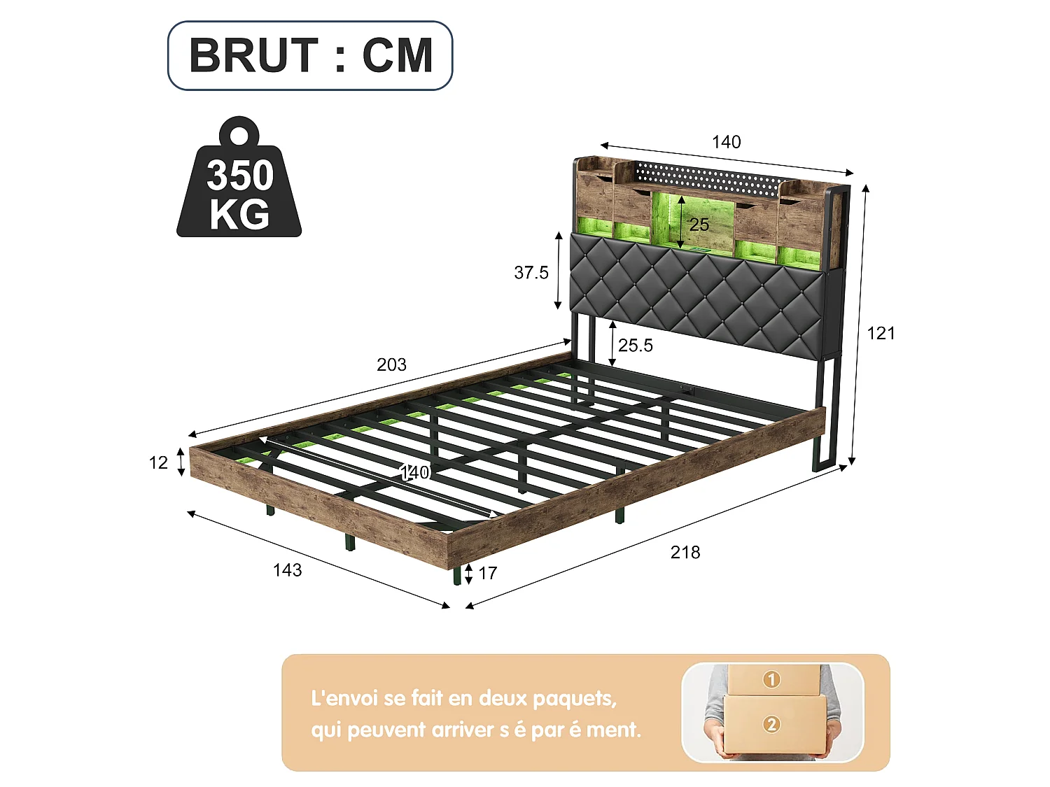 Lit coffre 140x200 cm avec sommier à lattes, cadre rembourré en PU noir, style industriel
