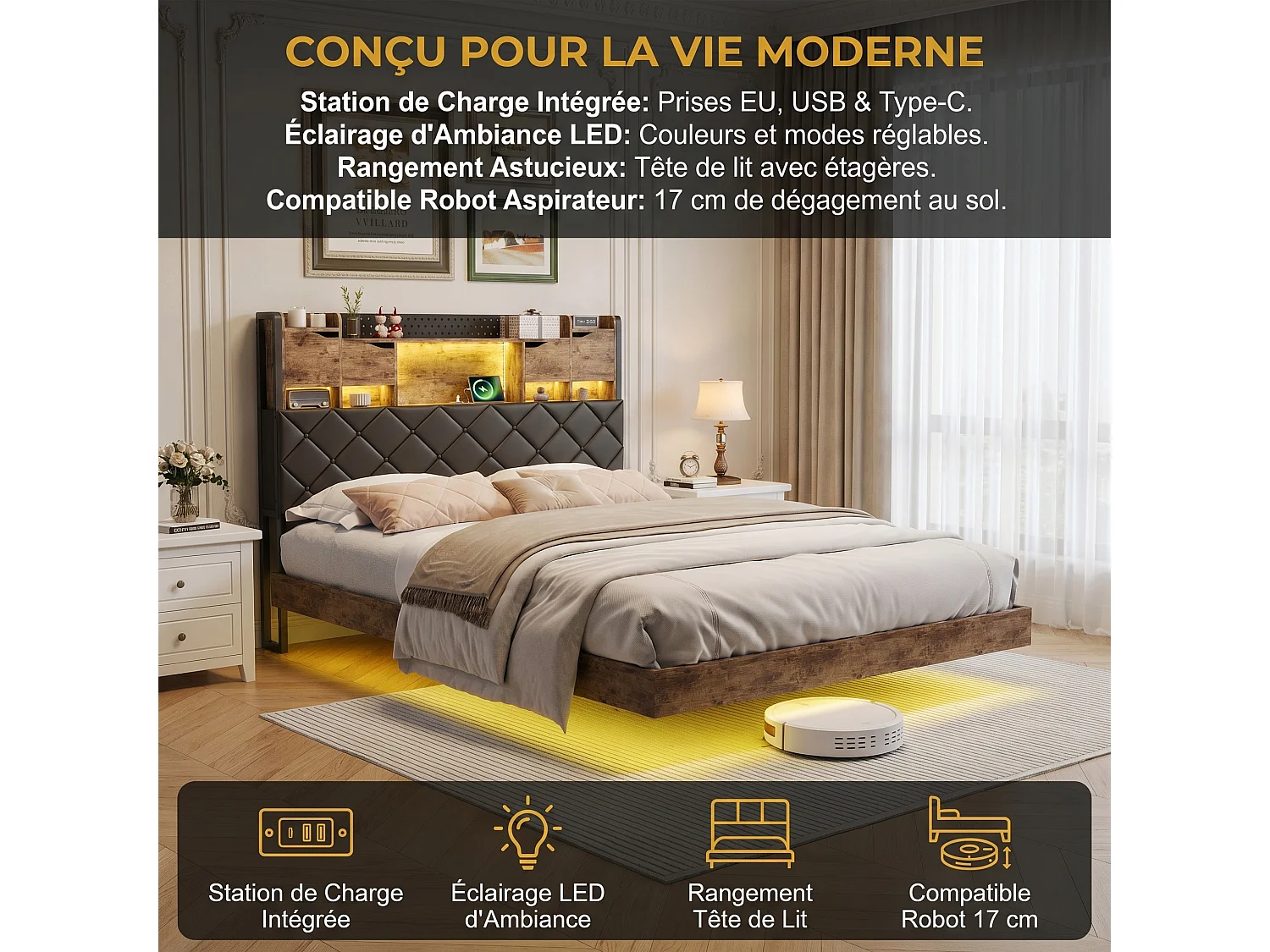 Lit coffre 140x200 cm avec sommier à lattes, cadre rembourré en PU noir, style industriel