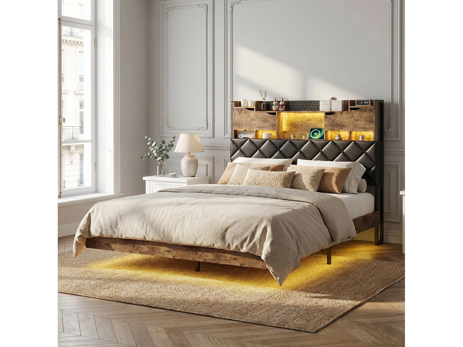 Lit coffre 140x200 cm avec sommier à lattes, cadre rembourré en PU noir, style industriel