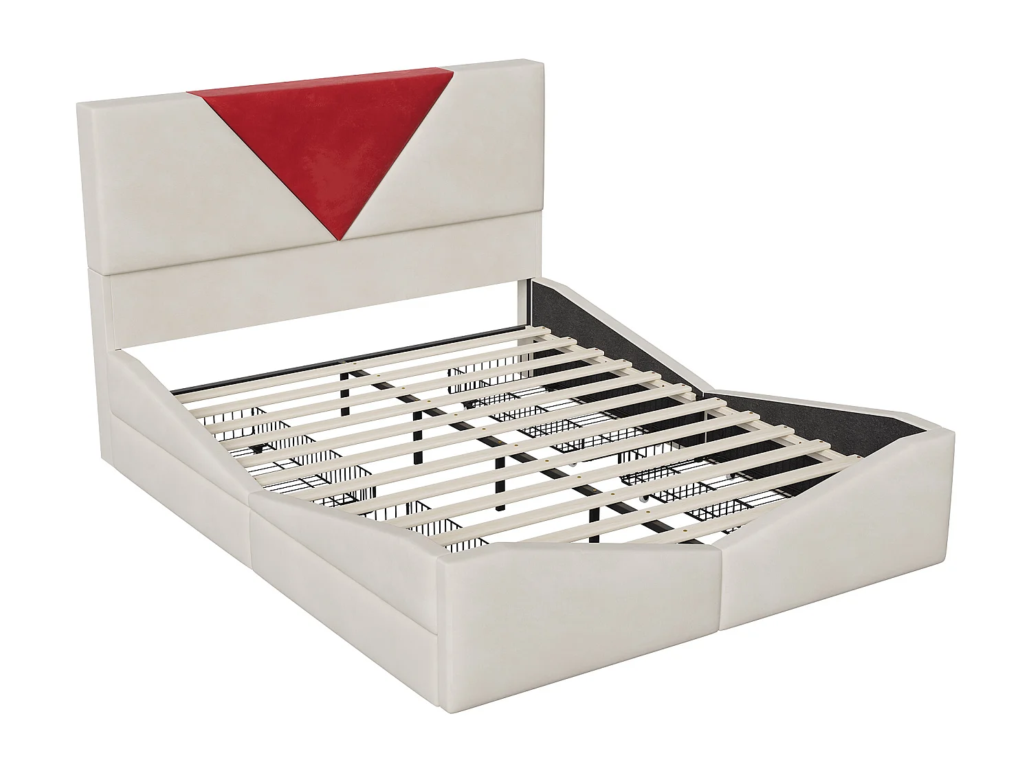 Lit adulte 140x190 cm avec sommier à latte, cadre de lit 140x190 cm avec tiroirs, tissu en velours, beige et rouge