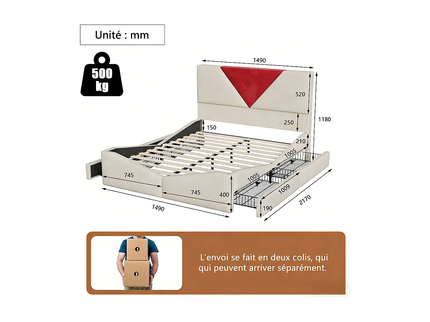 Lit adulte 140x190 cm avec sommier à latte, cadre de lit 140x190 cm avec tiroirs, tissu en velours, beige et rouge