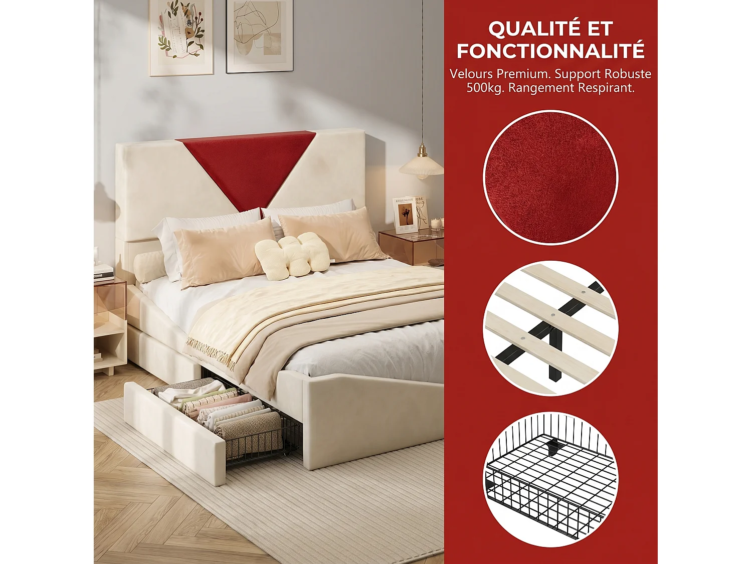 Volwassenenbed 140x190 cm met lattenbodem, bedframe 140x190 cm met lades, fluwelen stof, beige en rood