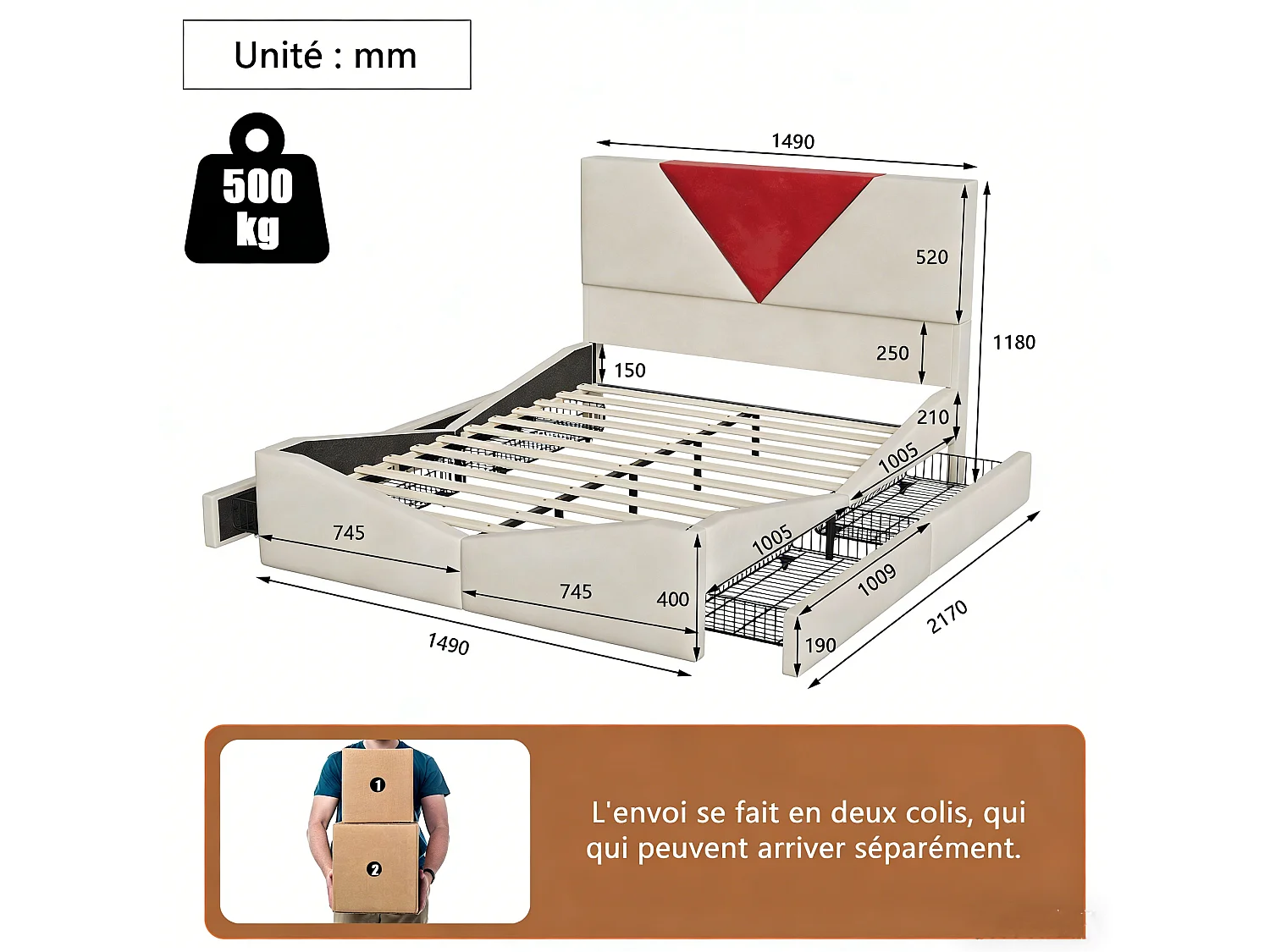 Volwassenenbed 140x190 cm met lattenbodem, bedframe 140x190 cm met lades, fluwelen stof, beige en rood
