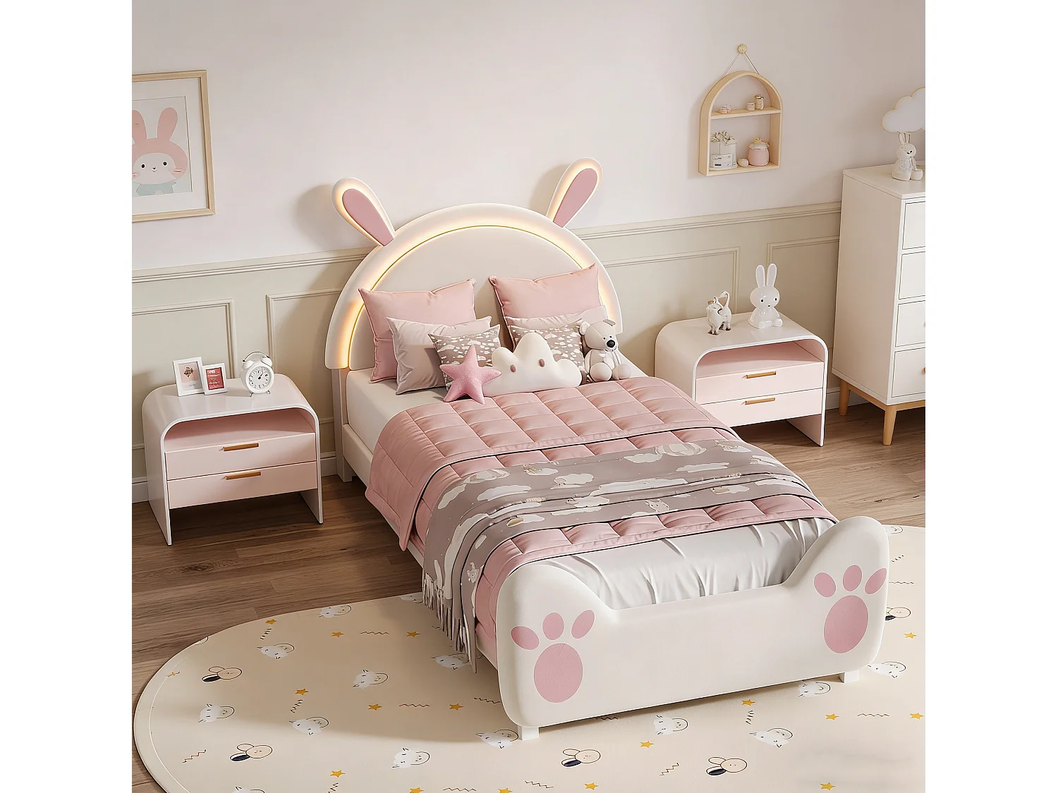 Lit enfant 90x200 cm avec LED et sommier à lattes, tête en forme de lapin, lit fille 90x200 cm, DIY velcro, velours, biege et roes