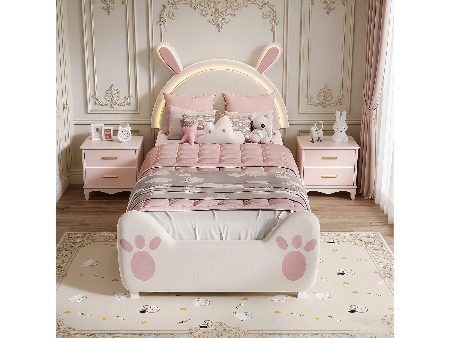 Lit enfant 90x200 cm avec LED et sommier à lattes, tête en forme de lapin, lit fille 90x200 cm, DIY velcro, velours, biege et roes