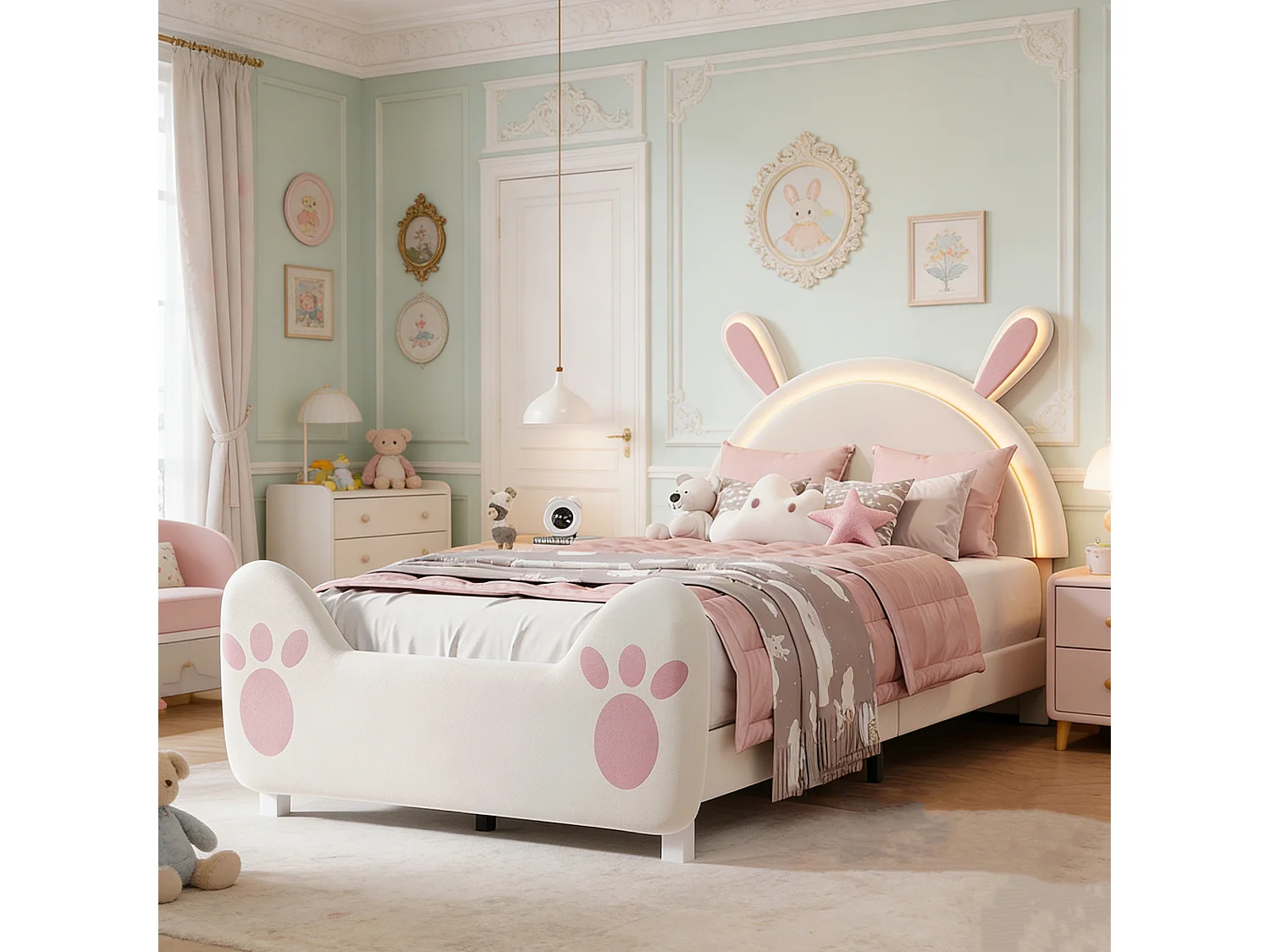 Lit enfant 90x200 cm avec LED et sommier à lattes, tête en forme de lapin, lit fille 90x200 cm, DIY velcro, velours, biege et roes