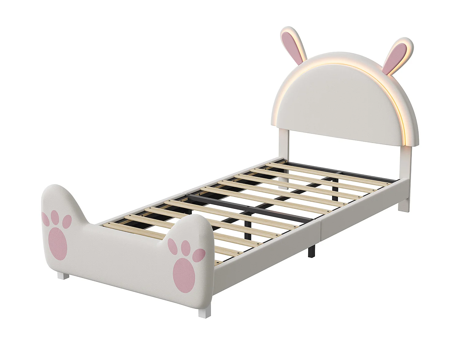 Lit enfant 90x200 cm avec LED et sommier à lattes, tête en forme de lapin, lit fille 90x200 cm, DIY velcro, velours, biege et roes