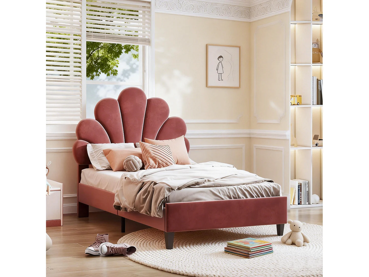 Lit coquillage 90x200 cm avec sommier à lattes - lit enfant 90x200 cm rembourré  tête de lit réglable - tuiss en velours - rouge