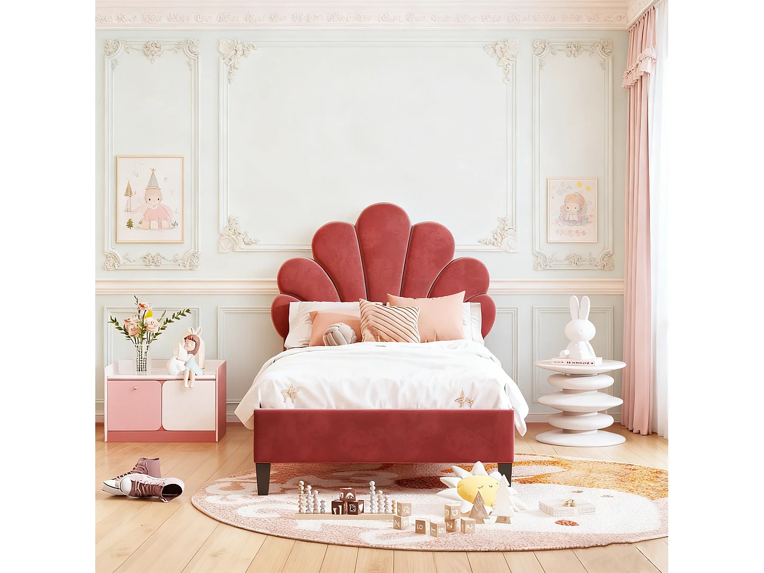 Lit coquillage 90x200 cm avec sommier à lattes - lit enfant 90x200 cm rembourré  tête de lit réglable - tuiss en velours - rouge