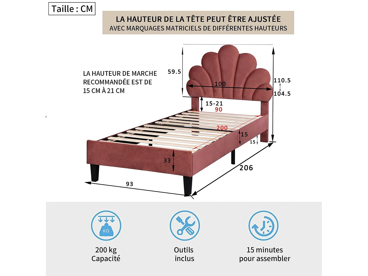 Lit coquillage 90x200 cm avec sommier à lattes - lit enfant 90x200 cm rembourré  tête de lit réglable - tuiss en velours - rouge