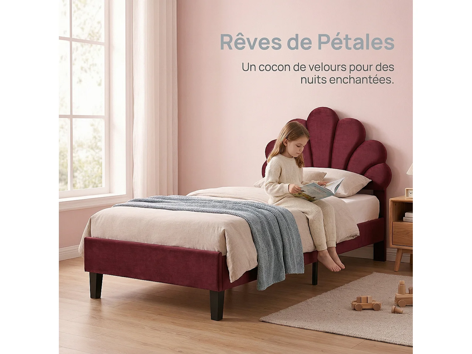 Lit princesse coquillage 90x200 cm rembourré, sommier à lattes, tête de lit réglable en velours rouge