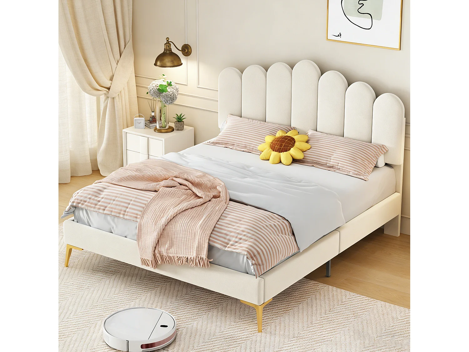 lit 140x200 cm avec sommier à latte, tête de lit réglable, cadre de lit 140x200 cm Style crémeux rembourré, tissu velours, beige