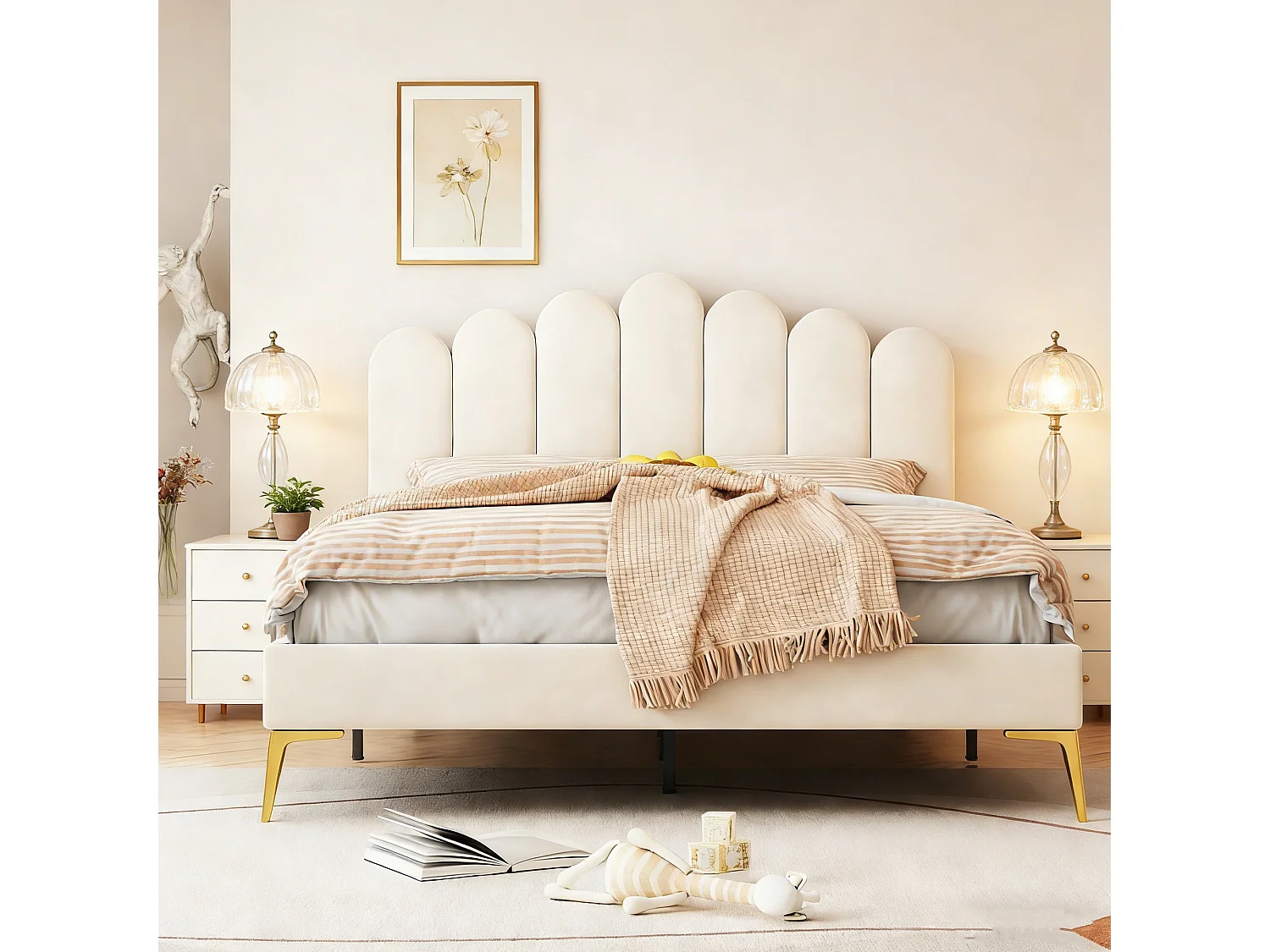 lit 140x200 cm avec sommier à latte, tête de lit réglable, cadre de lit 140x200 cm Style crémeux rembourré, tissu velours, beige