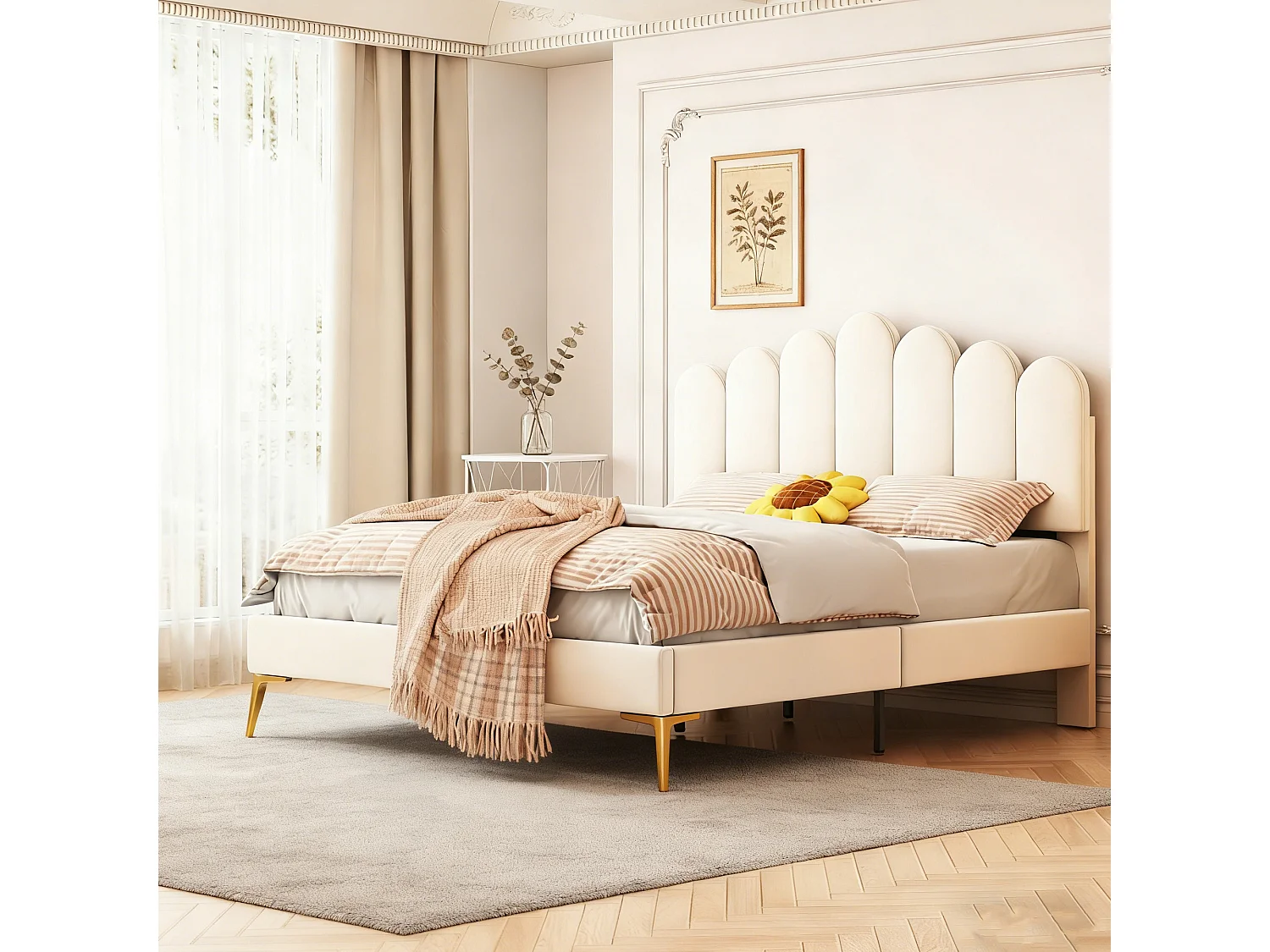 lit 140x200 cm avec sommier à latte, tête de lit réglable, cadre de lit 140x200 cm Style crémeux rembourré, tissu velours, beige