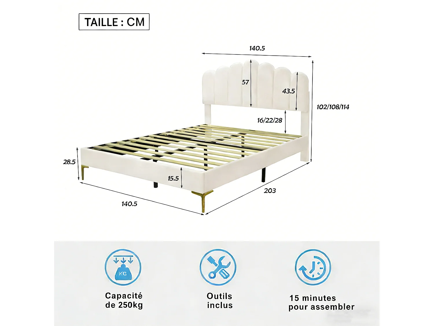 lit 140x200 cm avec sommier à latte, tête de lit réglable, cadre de lit 140x200 cm Style crémeux rembourré, tissu velours, beige